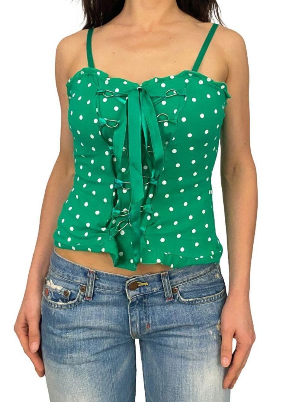 y2k 2000s green and white polka dot corset style cami top